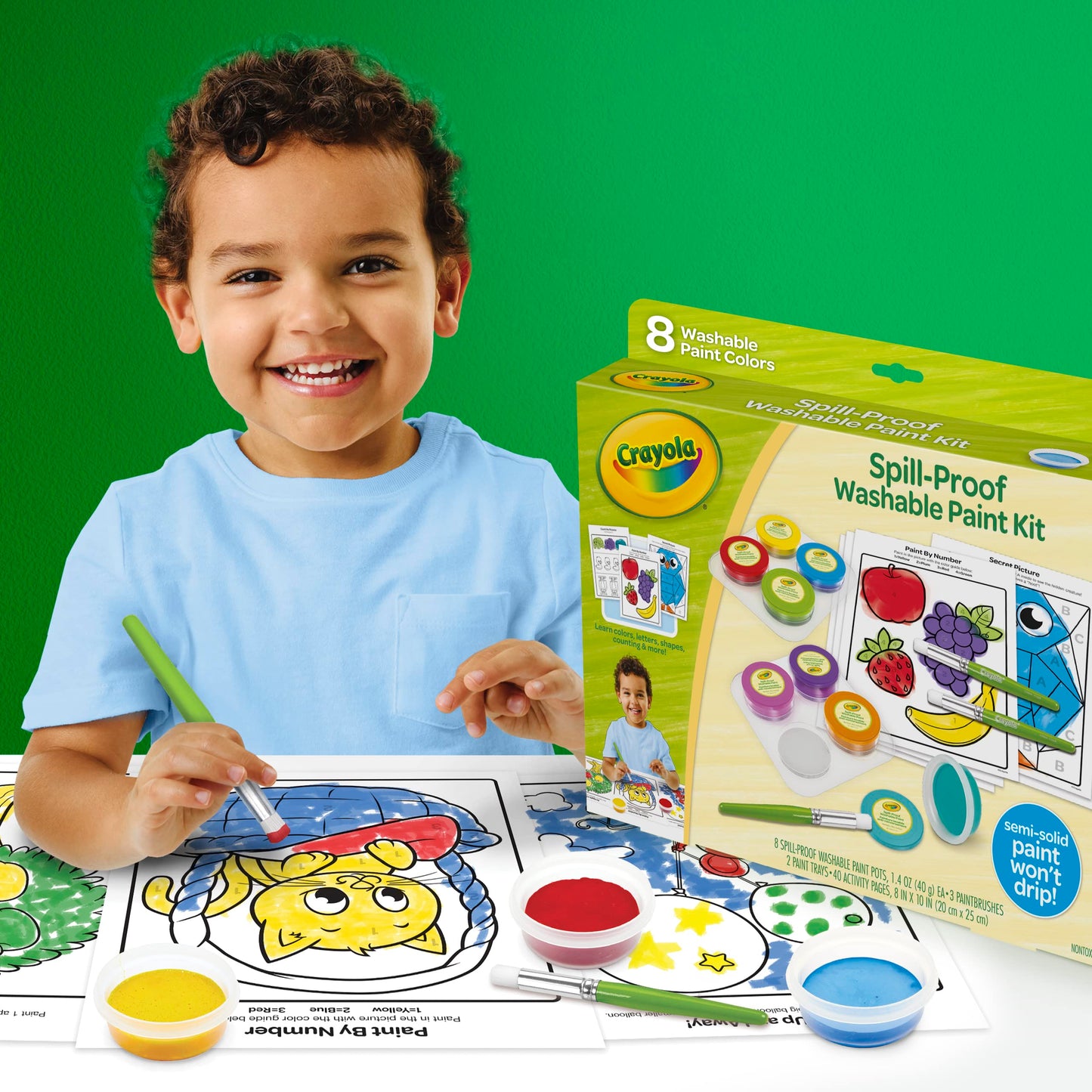 Crayola Spill Proof Paint Set (8ct) – Washable Toddler Paint Kit with 3 Brushes, 2 Trays & 40 Activity Pages
