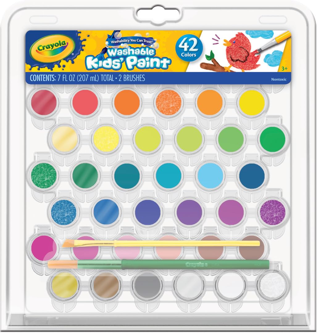 Crayola Kids Washable Paint Set – 42 Colors, 2 Brushes, Mixing Tray – Ages 3+