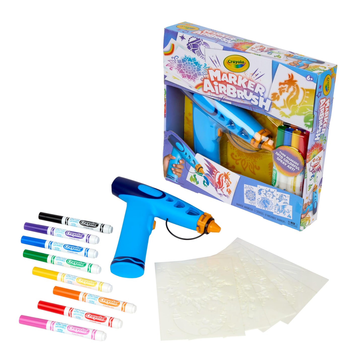 Crayola Marker Airbrush Art Kit – Kids' Spray Art Set with 8 Washable Markers & 5 Stencils