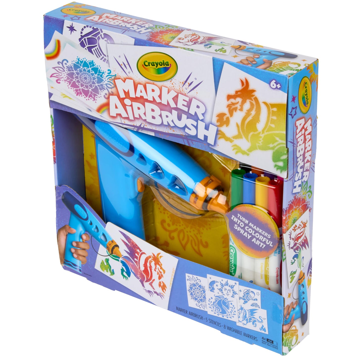 Crayola Marker Airbrush Art Kit – Kids' Spray Art Set with 8 Washable Markers & 5 Stencils