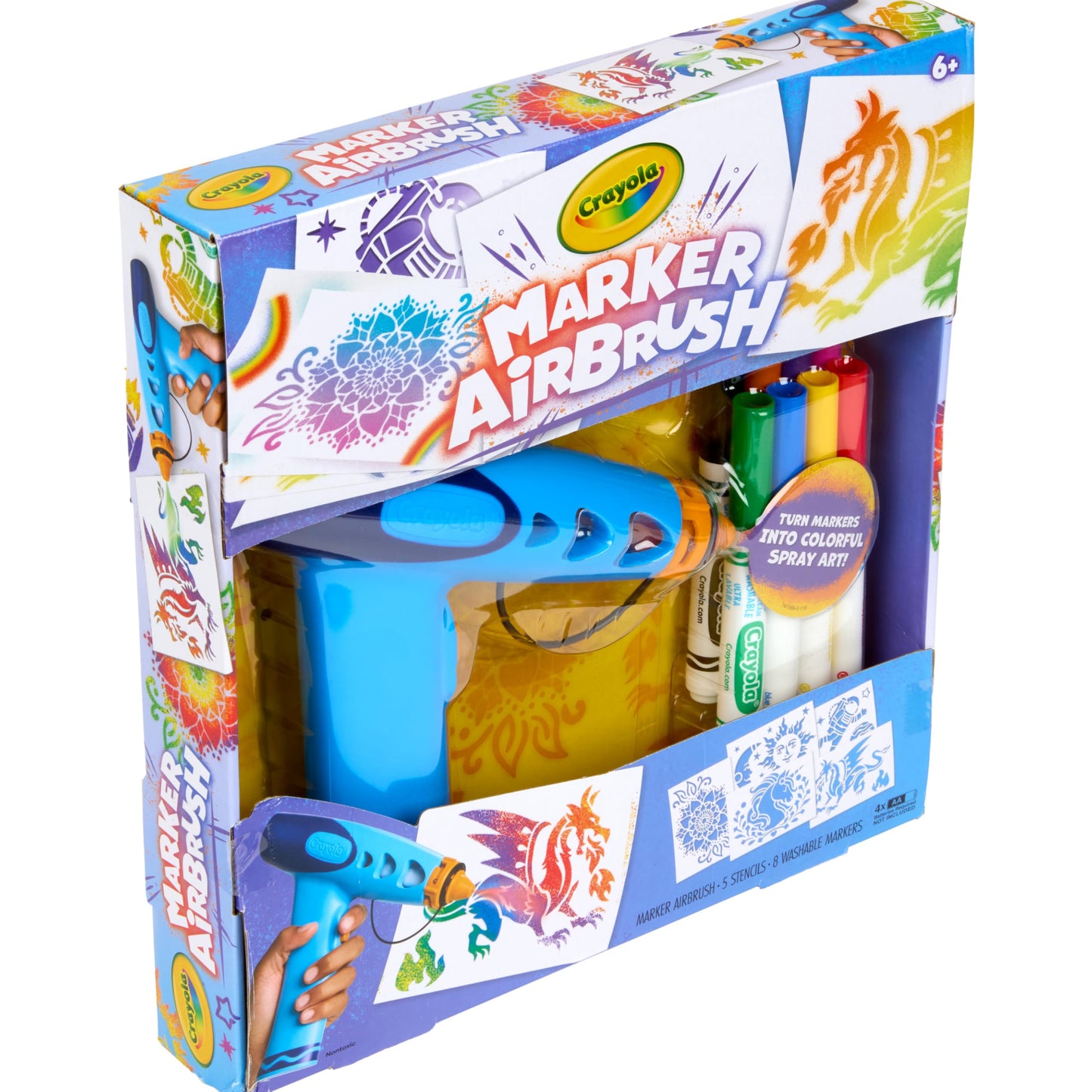 Crayola Marker Airbrush Art Kit – Kids' Spray Art Set with 8 Washable Markers & 5 Stencils