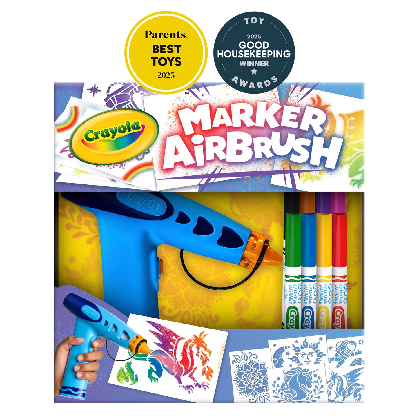 Crayola Marker Airbrush Art Kit – Kids' Spray Art Set with 8 Washable Markers & 5 Stencils
