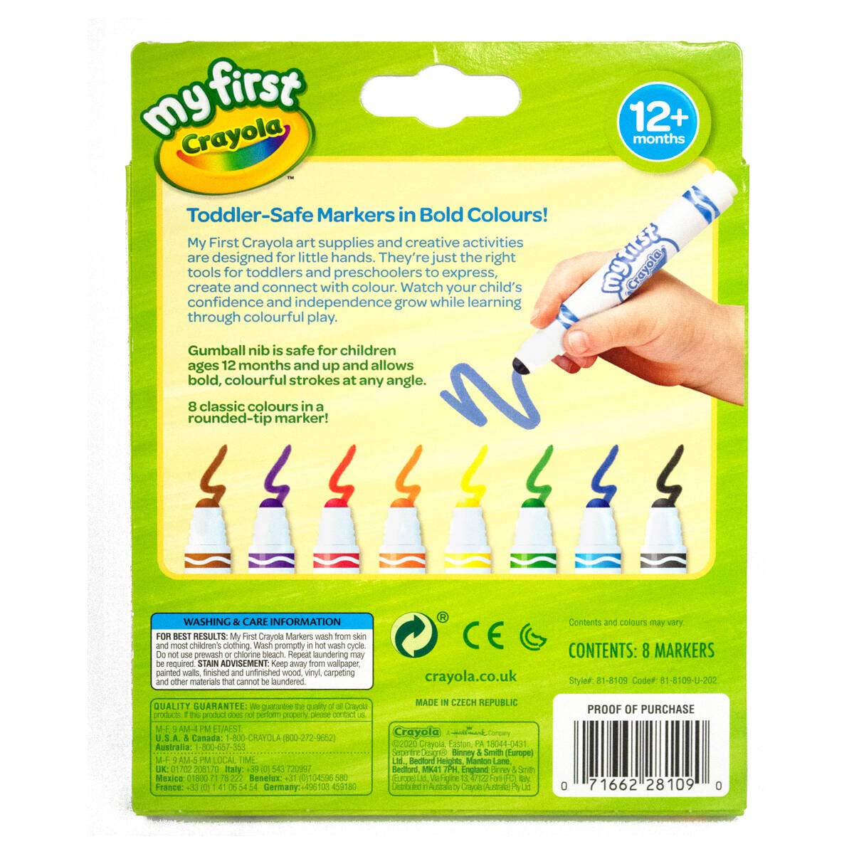 CRAYOLA MyFirst Washable Markers - 8 Pack, Assorted Colours | Easy-Grip for Toddlers 12+ Months
