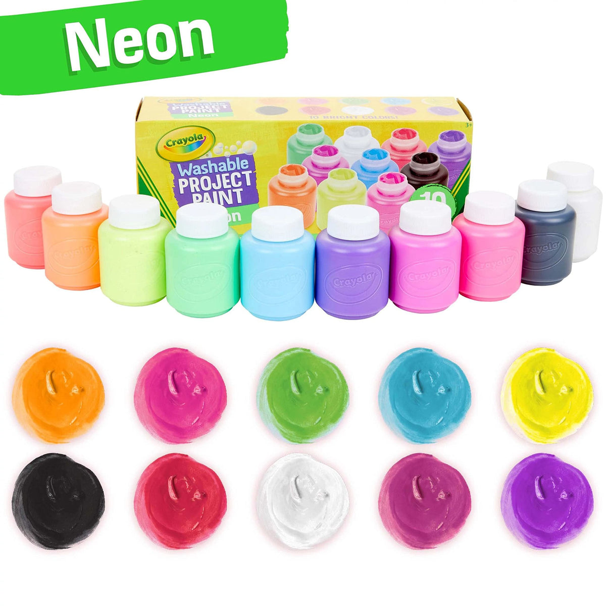 Crayola Neon Washable Kids Paint — 10 Neon Colors, 2 oz Bottles, Gift