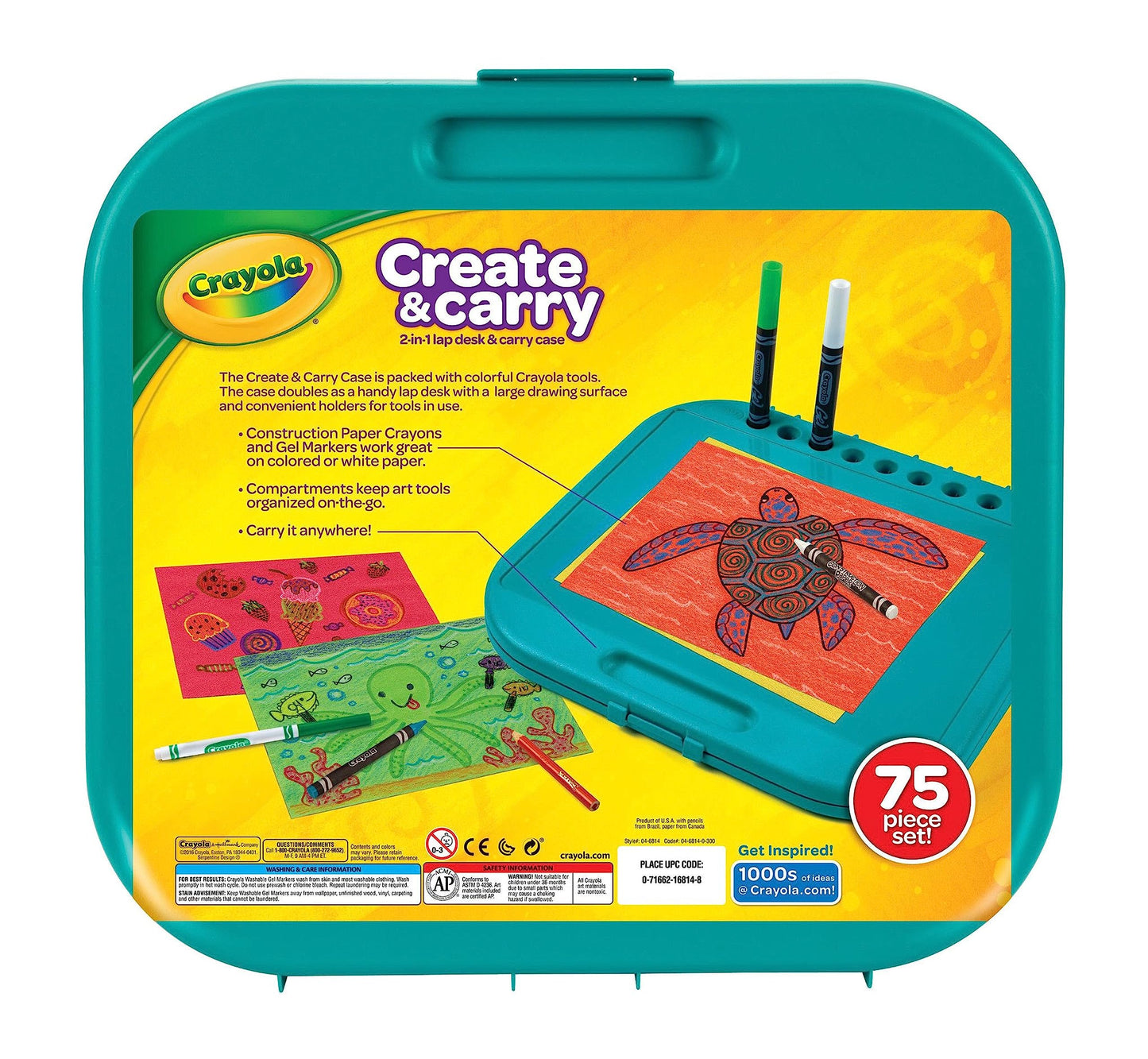 Crayola Create & Carry Travel Art Set for Kids (75pcs) – 2-in-1 Lap Desk & Carry Case