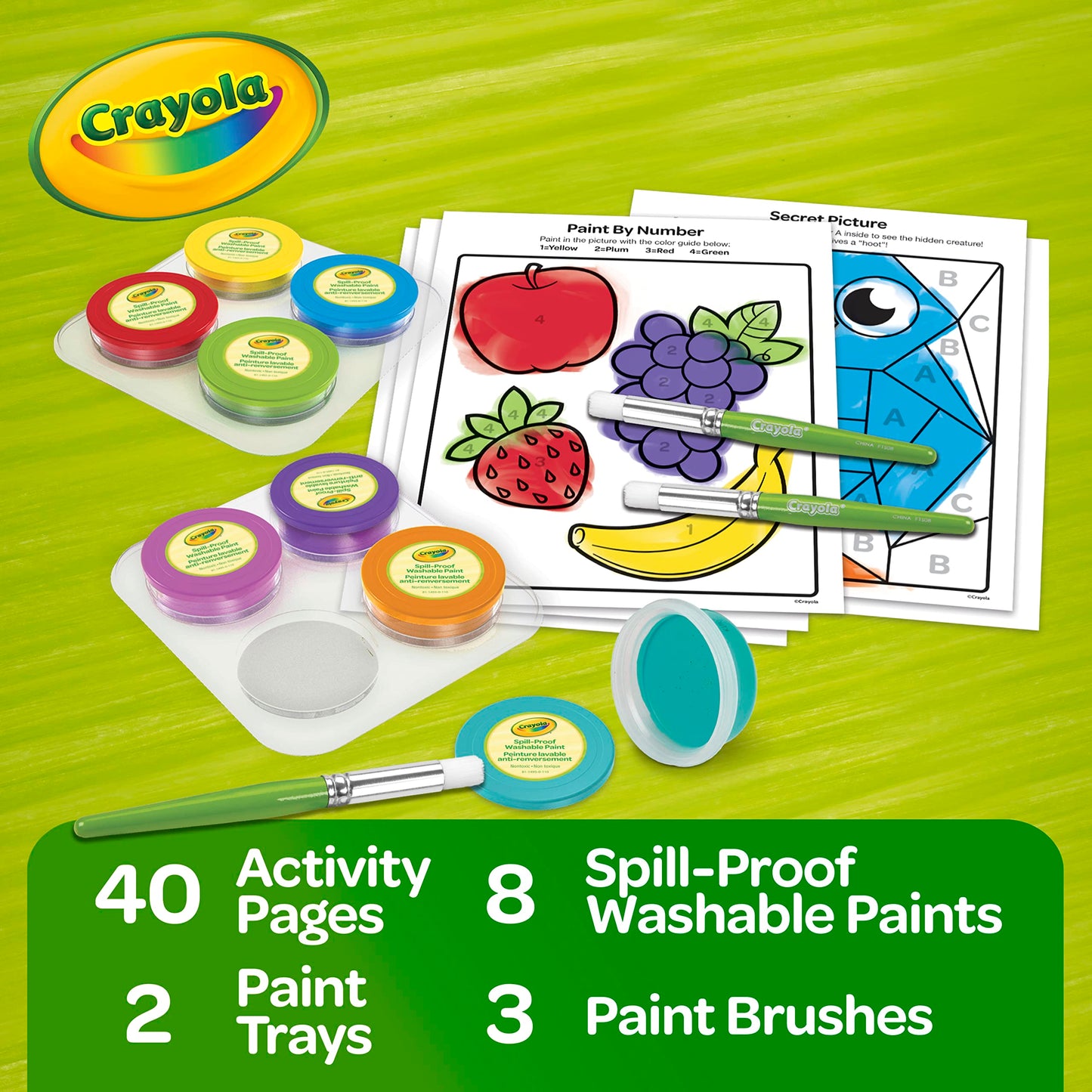Crayola Spill Proof Paint Set (8ct) – Washable Toddler Paint Kit with 3 Brushes, 2 Trays & 40 Activity Pages