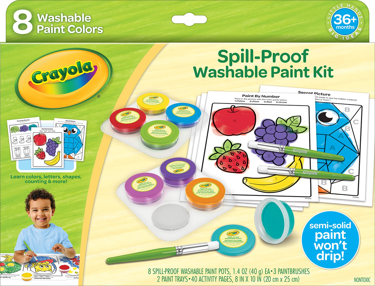 Crayola Spill Proof Paint Set (8ct) – Washable Toddler Paint Kit with 3 Brushes, 2 Trays & 40 Activity Pages