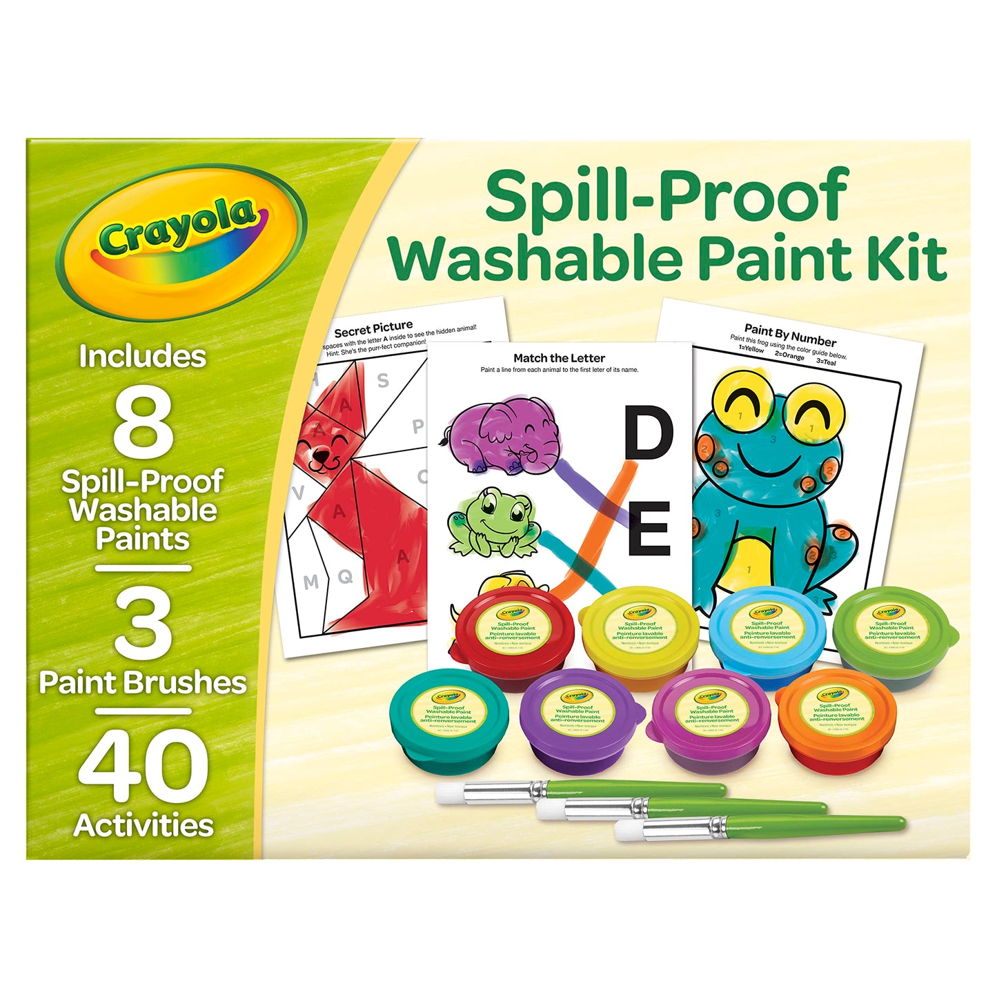 Crayola Spill Proof Paint Set (8ct) – Washable Toddler Paint Kit with 3 Brushes, 2 Trays & 40 Activity Pages