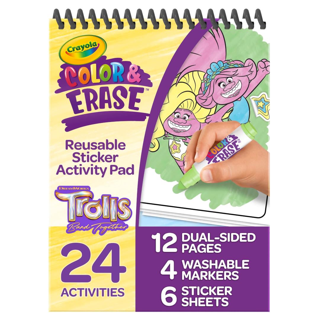 Crayola Trolls Color & Erase Sticker Activity Pad – 12 Reusable Trolls Coloring Pages & 100 Stickers | Gift