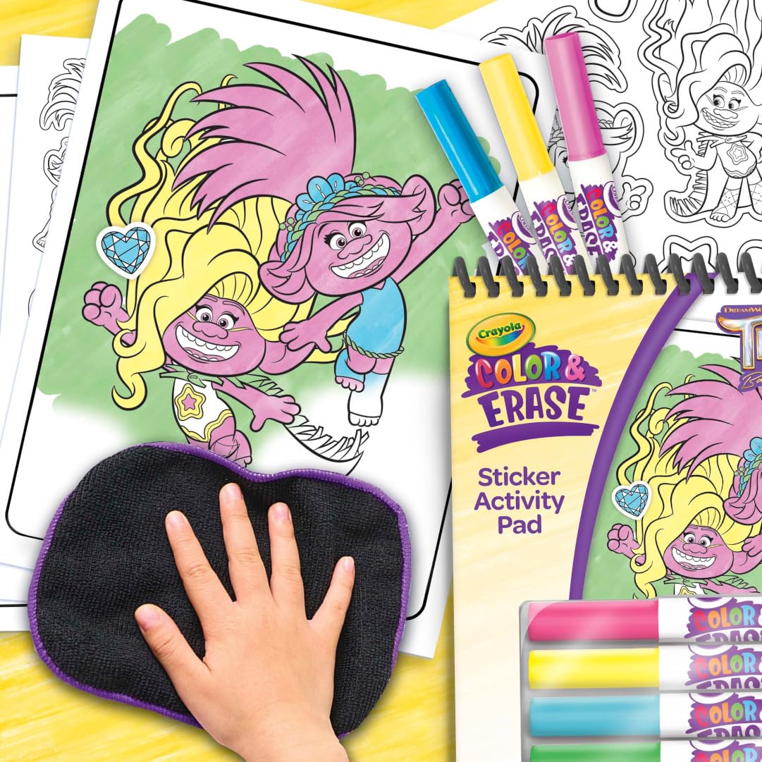 Crayola Trolls Color & Erase Sticker Activity Pad – 12 Reusable Trolls Coloring Pages & 100 Stickers | Gift