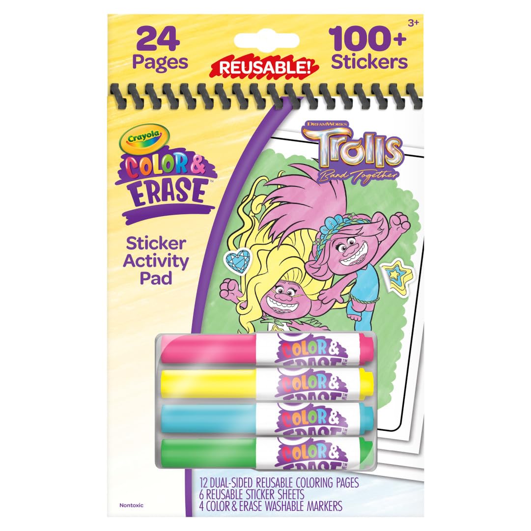 Crayola Trolls Color & Erase Sticker Activity Pad – 12 Reusable Trolls Coloring Pages & 100 Stickers | Gift