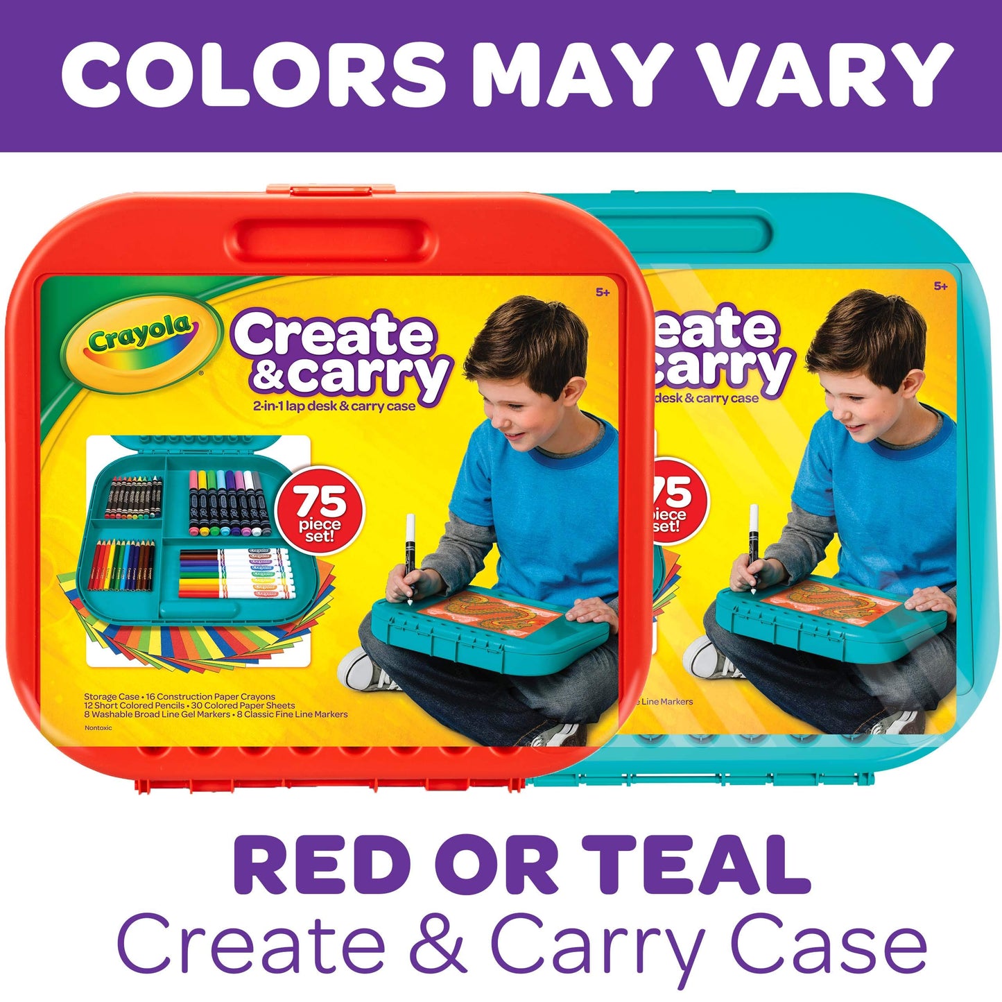 Crayola Create & Carry Travel Art Set for Kids (75pcs) – 2-in-1 Lap Desk & Carry Case