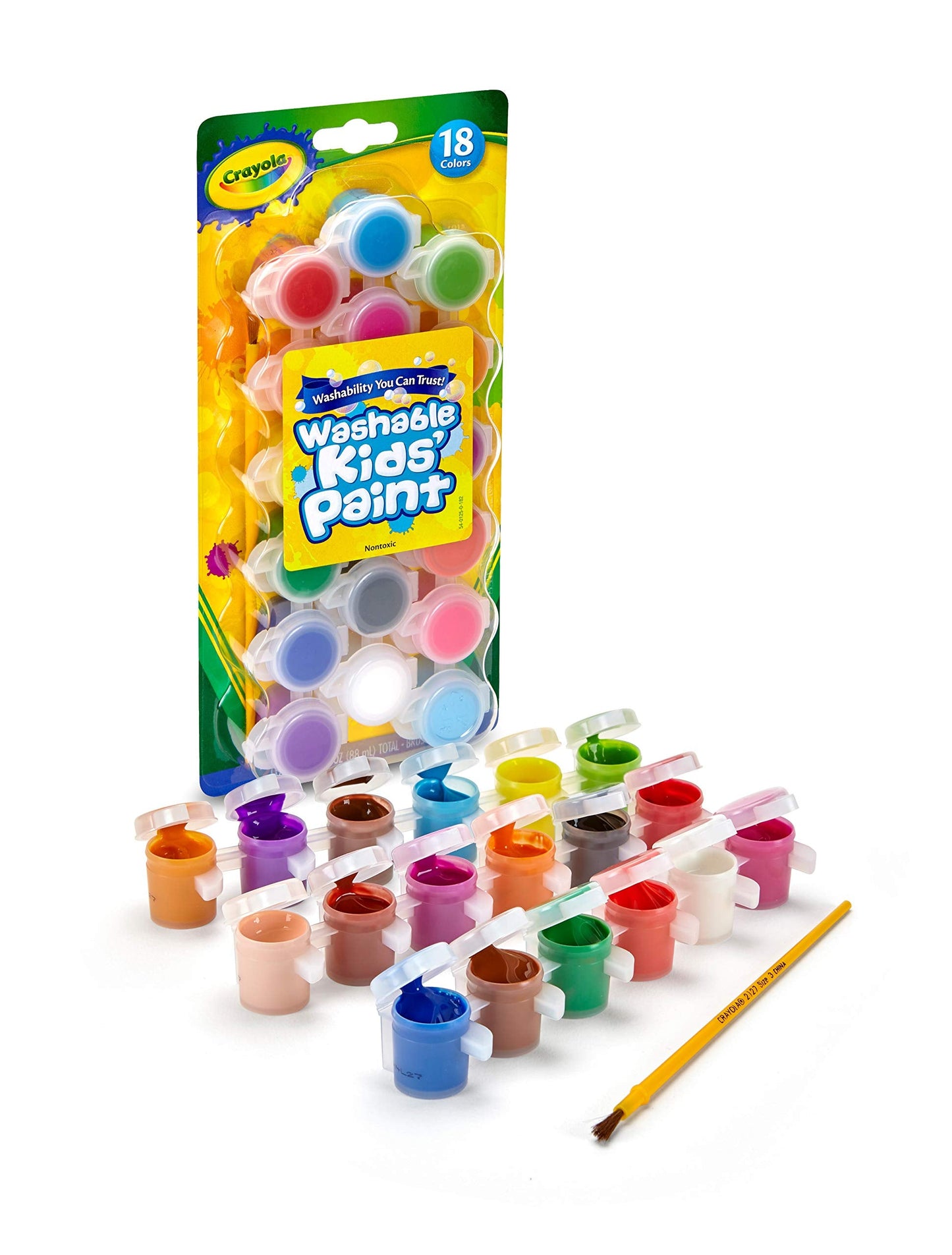 Crayola Washable Kids Paint Set & Paintbrush – 18 Color Pots, Safe & Easy Cleanup