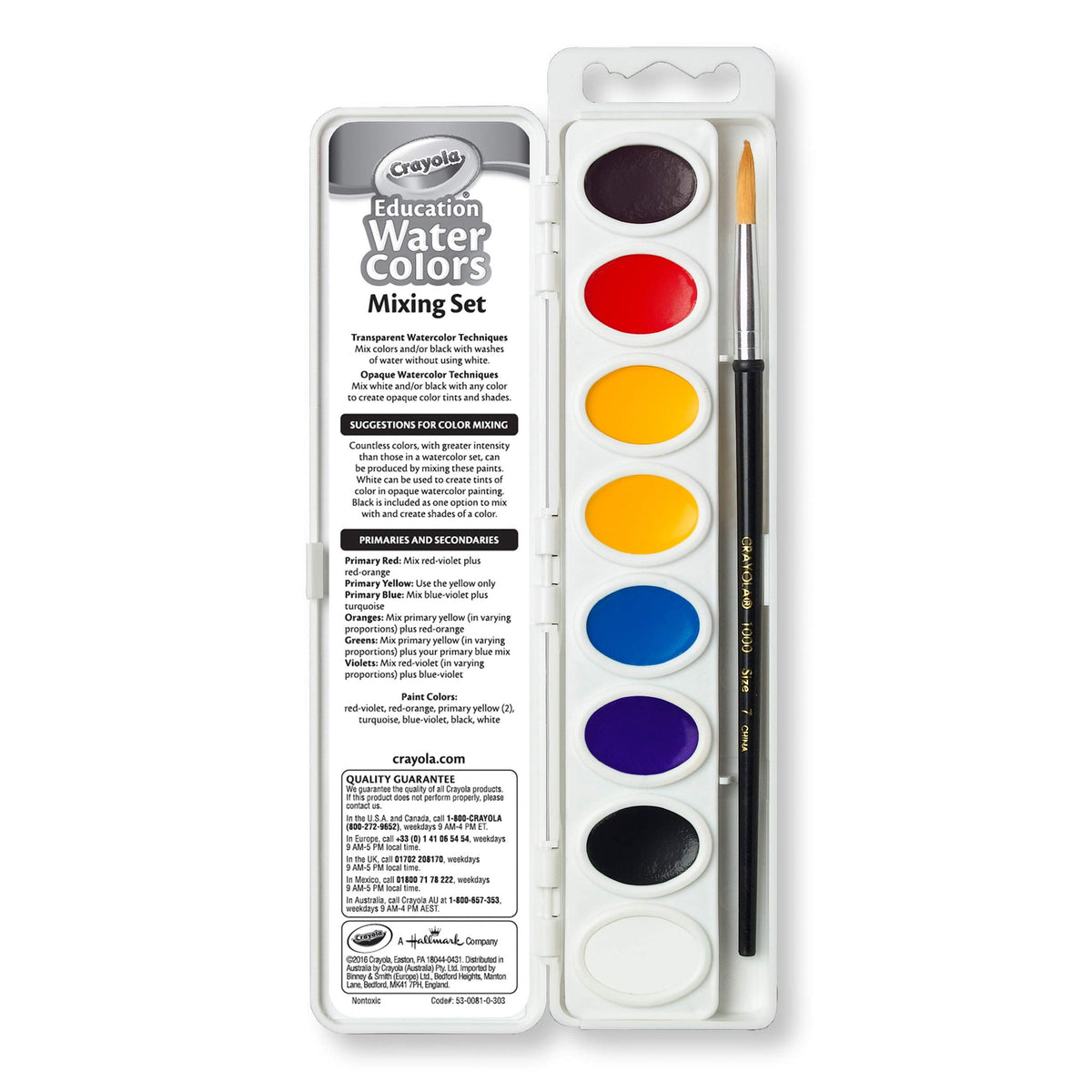 Crayola Watercolor Mixing Set with Taklon Brush — 8 Color Transparent Watercolors