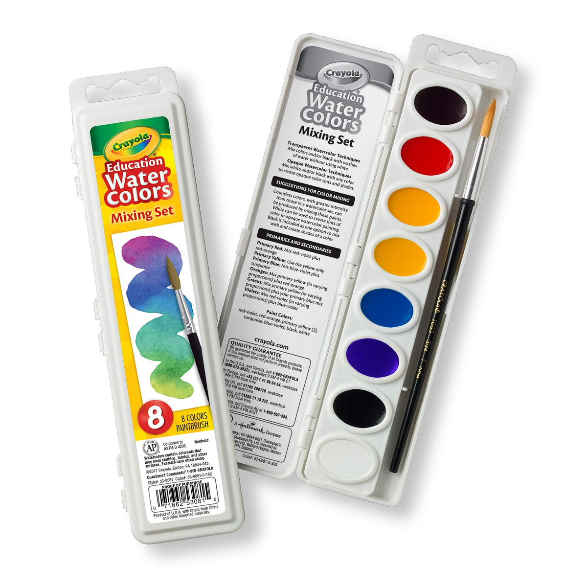 Crayola Watercolor Mixing Set with Taklon Brush — 8 Color Transparent Watercolors