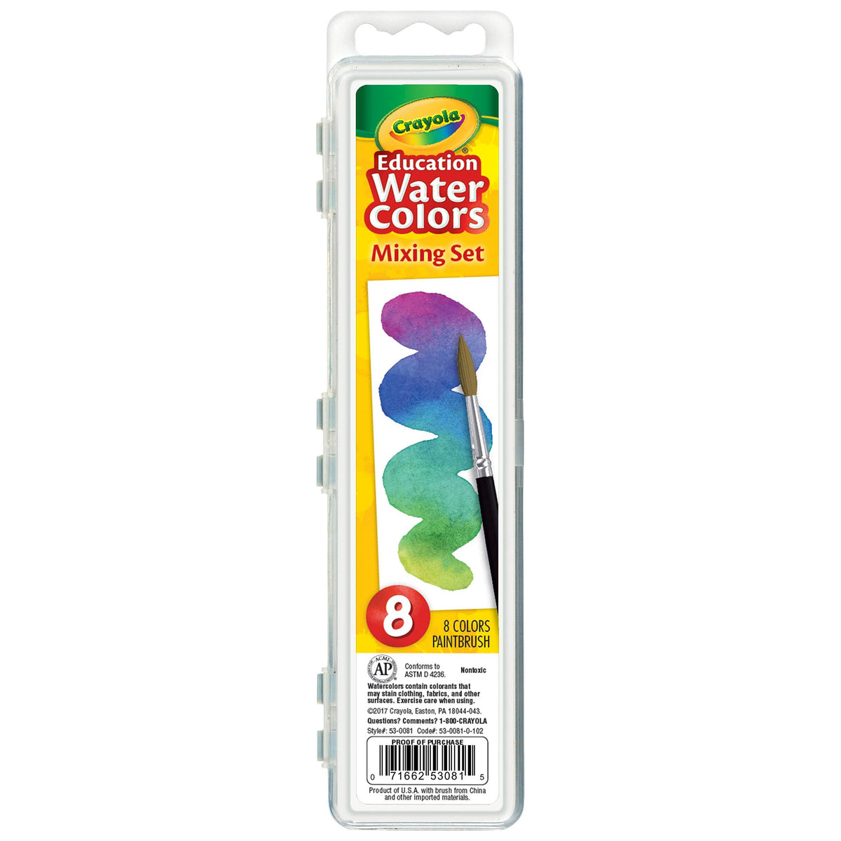 Crayola Watercolor Mixing Set with Taklon Brush — 8 Color Transparent Watercolors