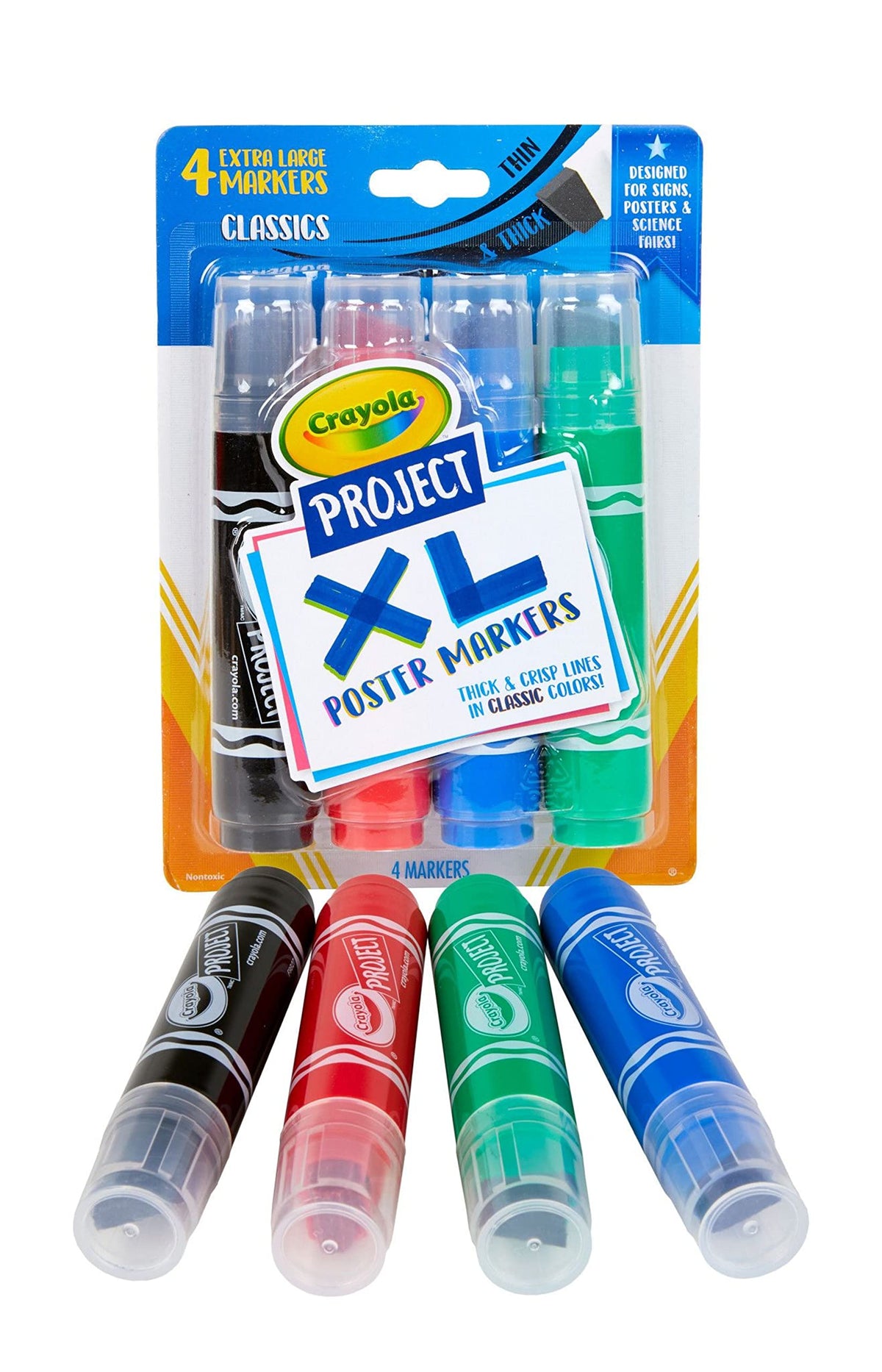 Crayola XL Poster Markers – 4 Count (Black, Green, Blue, Red) with Extra-Wide Chisel Tips