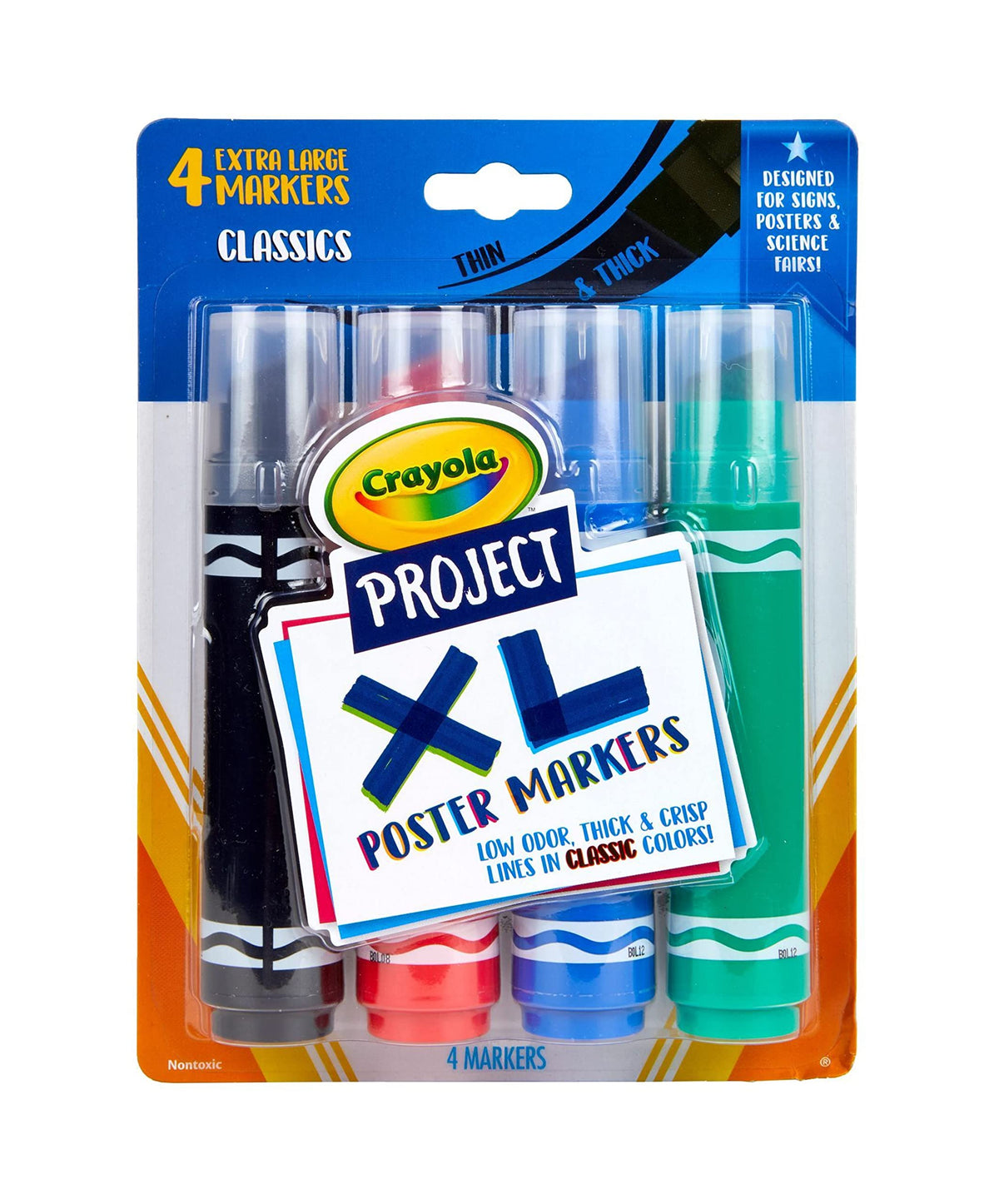 Crayola XL Poster Markers – 4 Count (Black, Green, Blue, Red) with Extra-Wide Chisel Tips
