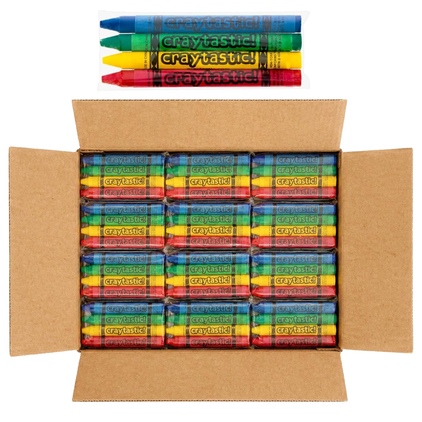 Craytastic! 300 Premium Crayons — 75 Sets of 4, Cellophane Wrapped, Non-Toxic