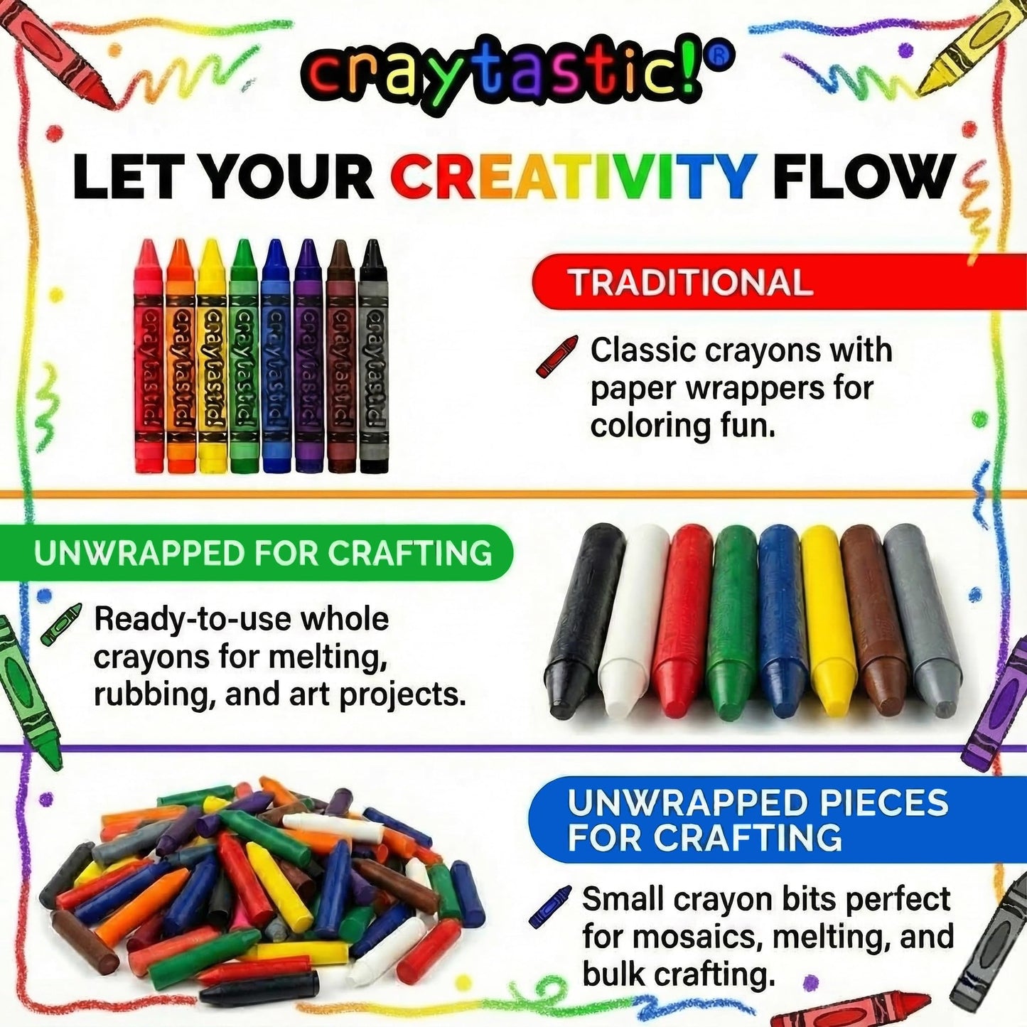 Craytastic! 300 Premium Crayons — 75 Sets of 4, Cellophane Wrapped, Non-Toxic