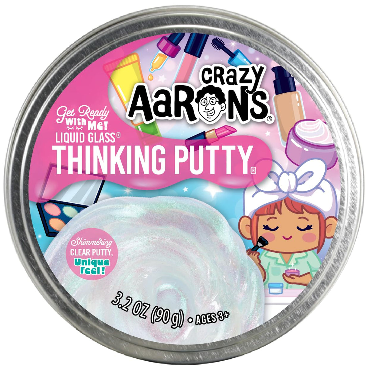 Crazy Aaron's Get Ready with Me Thinking Putty – Clear Pink Teal Sparkles, 3.2 oz, Made in USA