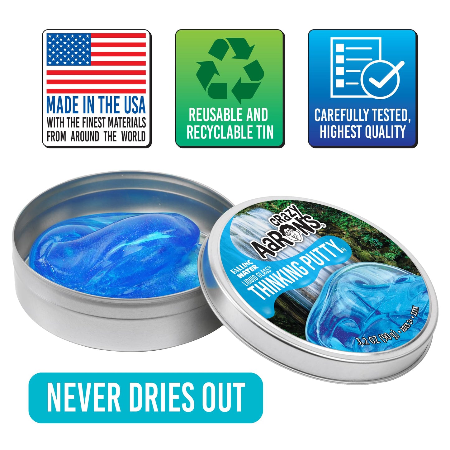 Crazy Aaron's Transparent Thinking Putty - Falling Water Tin, 90g, Never Dries Out, Made in USA