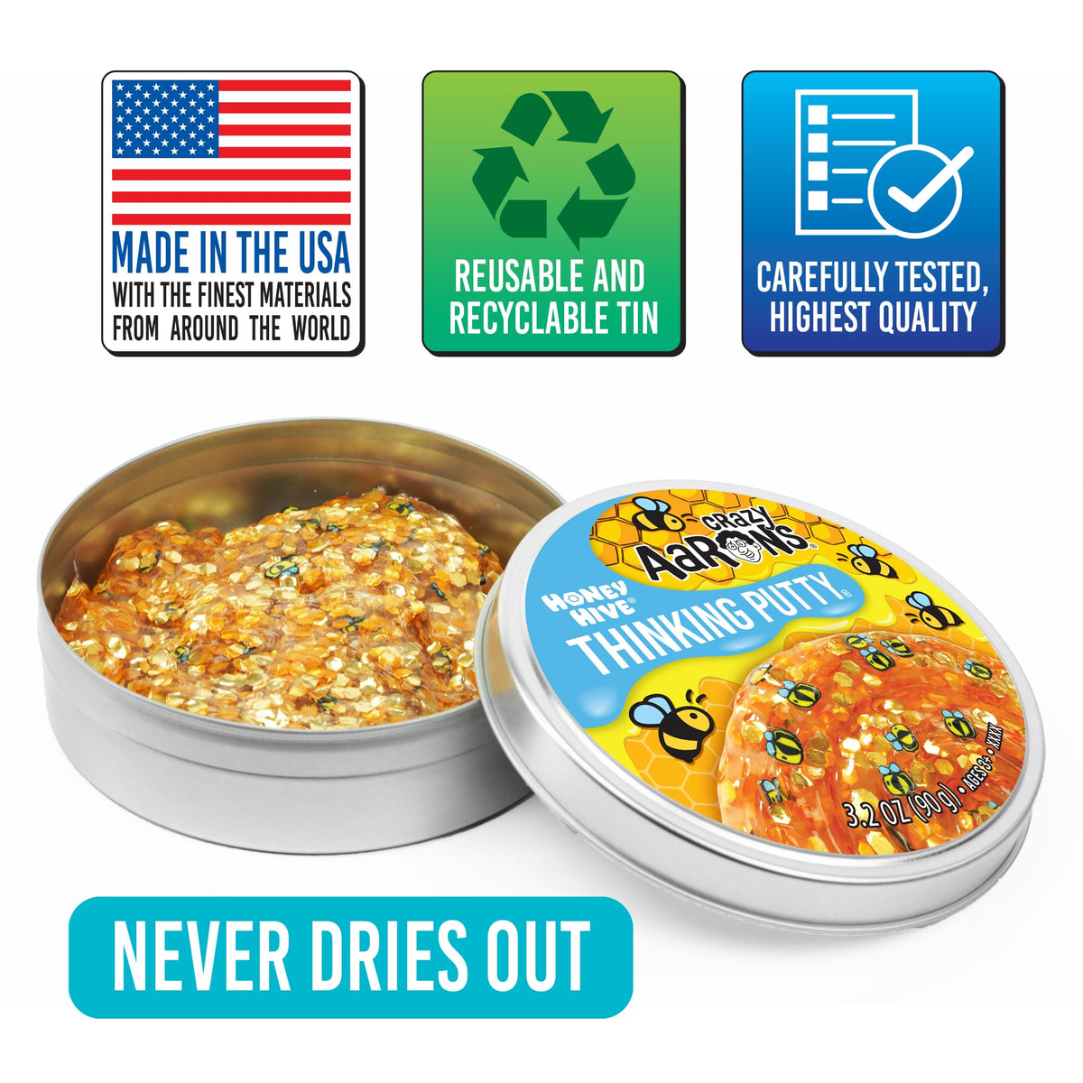Crazy Aaron's Thinking Putty Honey Hive – Clear Sensory Putty in a 4-Inch Tin | Made in USA