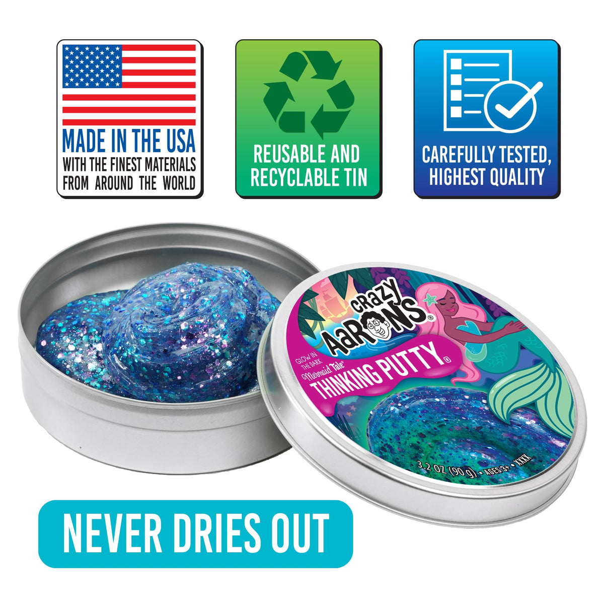 Crazy Aaron's Mermaid Tale Thinking Putty - Color Changing Glow, 4-Inch Tin, Never Dries Out, Made in USA