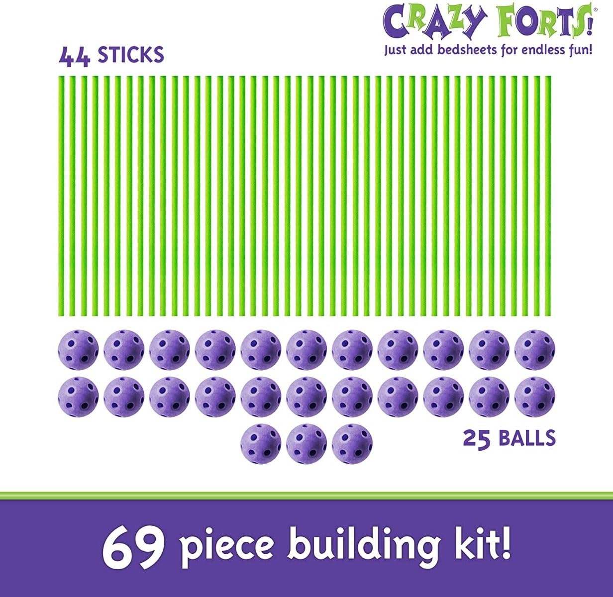 Crazy Forts 69-Piece Buildable Play Fort Set — Indoor/Outdoor DIY STEAM Toy (Purple)