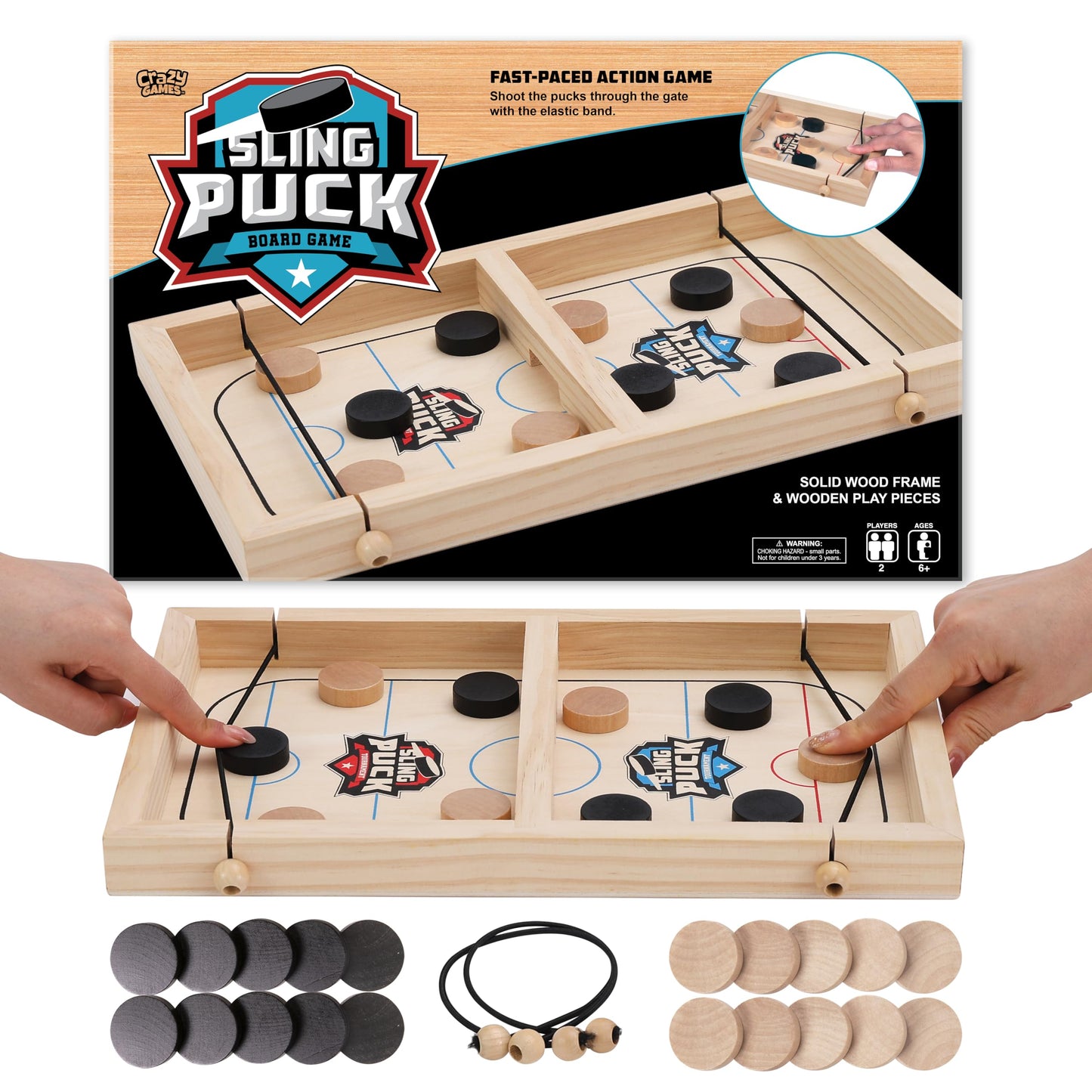 Crazy Games Fast Sling Puck Game 14-Inch – 2-Player Tabletop Hockey