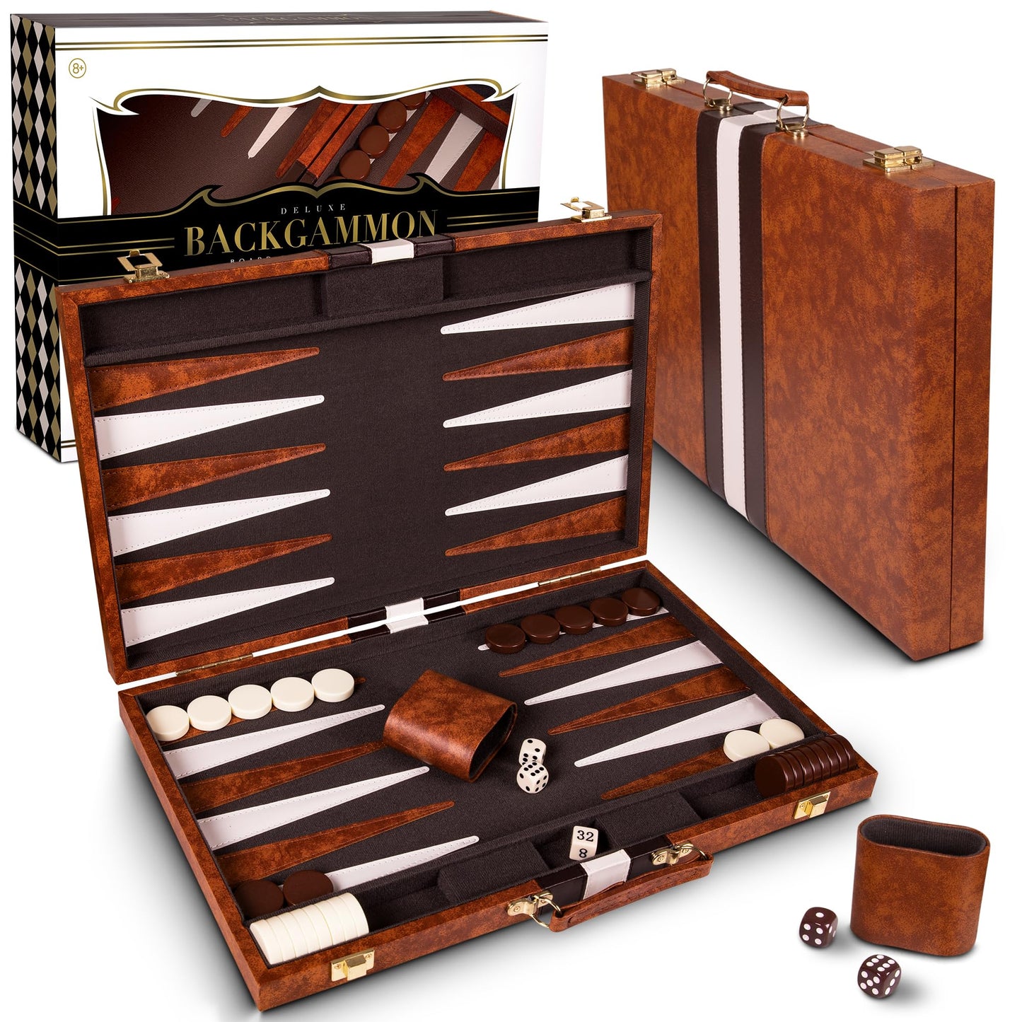 Crazy Games Premium Backgammon 15 Inches Medium Brown – Leatherette Travel Set with Accessories