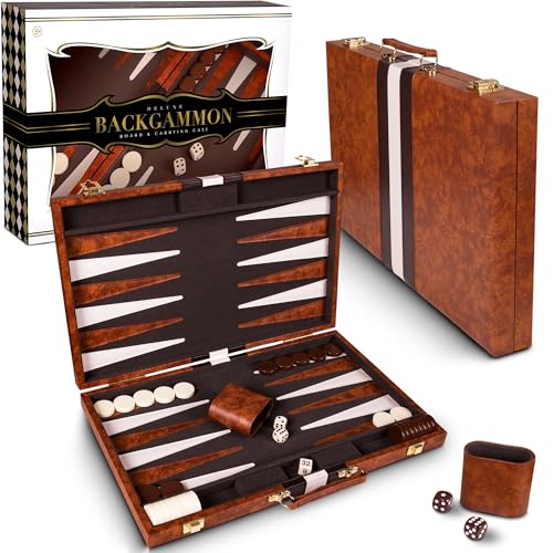 Crazy Games Premium Backgammon 15 Inches Medium Brown – Leatherette Travel Set with Accessories