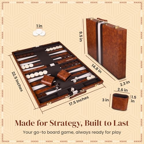 Crazy Games Premium Backgammon 15 Inches Medium Brown – Leatherette Travel Set with Accessories