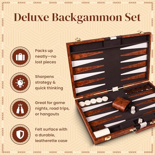 Crazy Games Premium Backgammon 15 Inches Medium Brown – Leatherette Travel Set with Accessories
