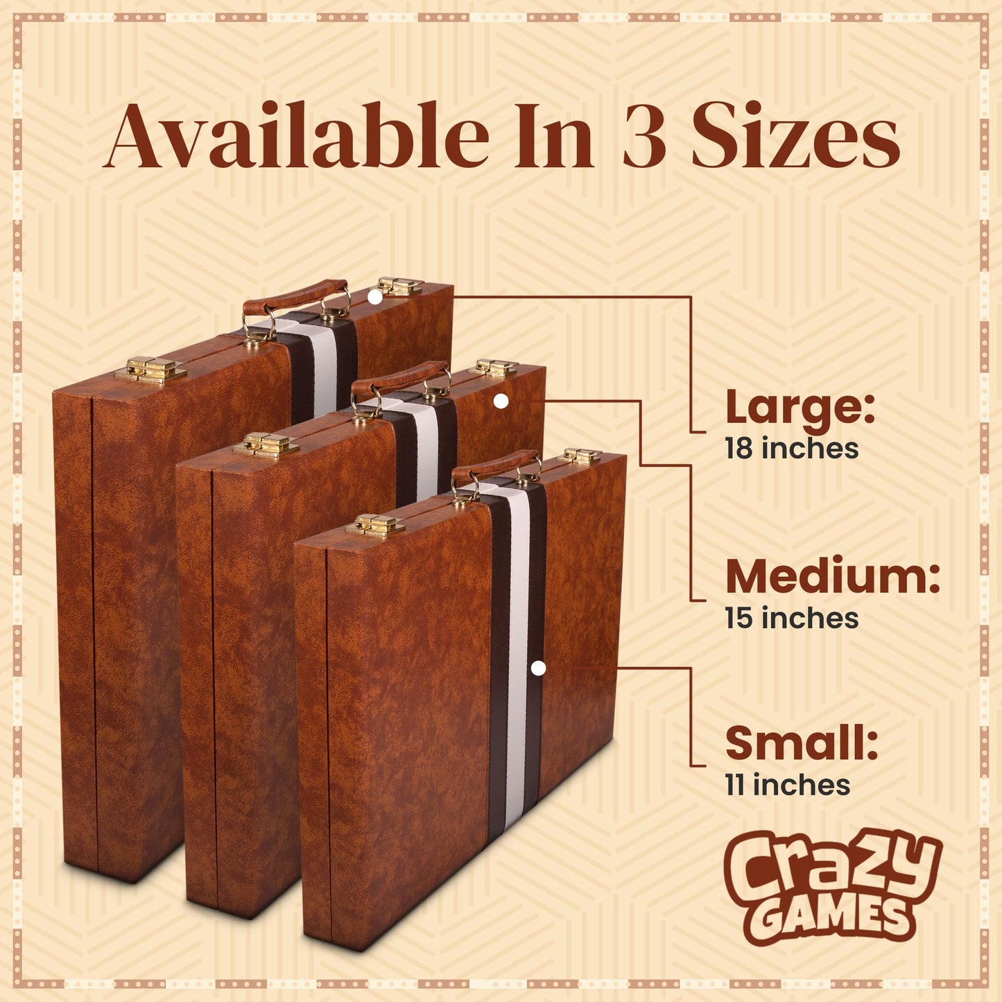 Crazy Games Premium Backgammon 15 Inches Medium Brown – Leatherette Travel Set with Accessories