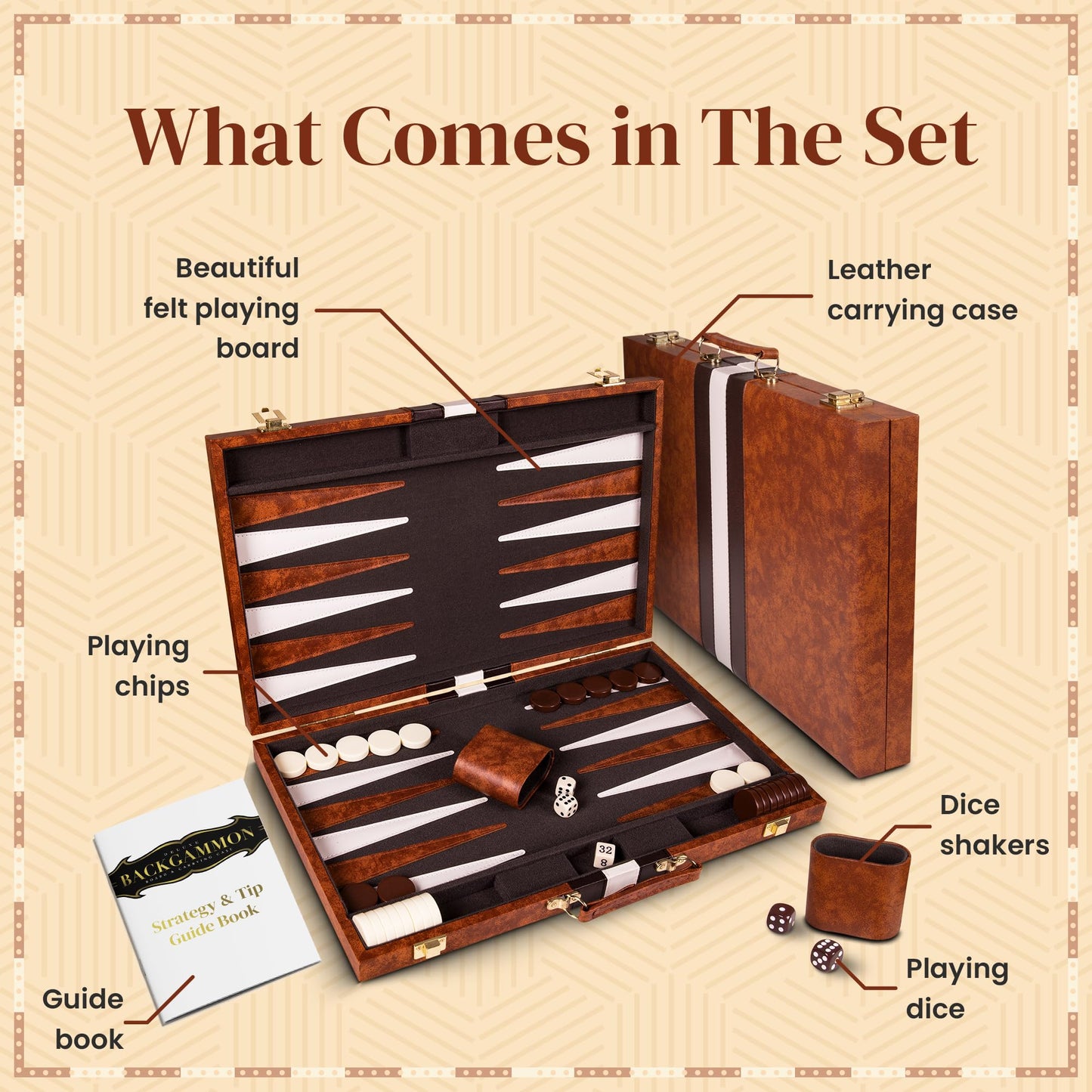 Crazy Games Premium Backgammon 15 Inches Medium Brown – Leatherette Travel Set with Accessories