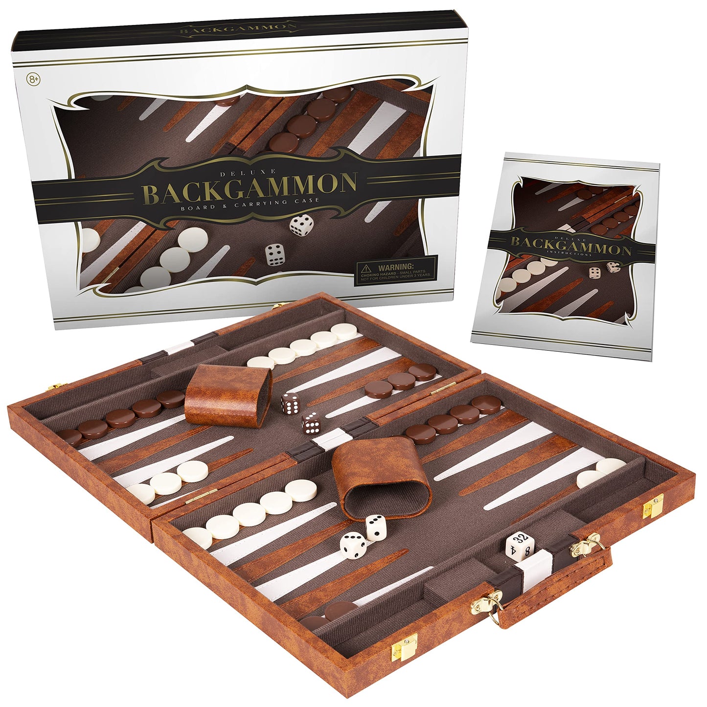 Crazy Games Premium Backgammon 18-Inch Large Brown Leatherette Set with Accessories