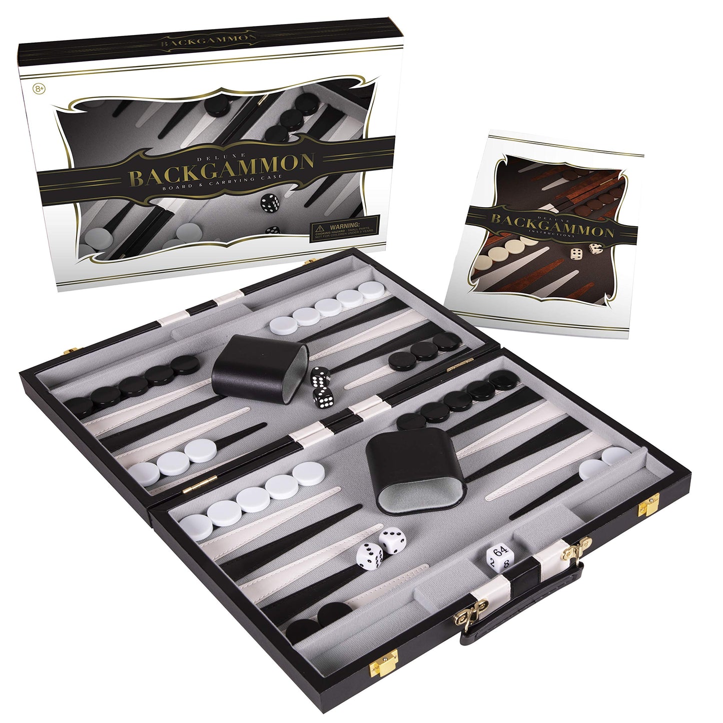 Crazy Games Premium Backgammon 15-Inch Medium Black Leatherette Set | Portable Travel Backgammon Board
