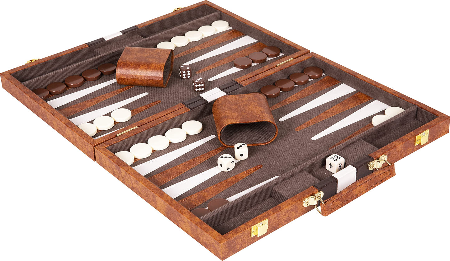 Crazy Games Premium Backgammon 18-Inch Large Brown Leatherette Set with Accessories