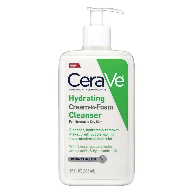 CeraVe Hydrating Cream-to-Foam Cleanser for Normal to Dry Skin & Makeup Removal, 12 oz (355ml)