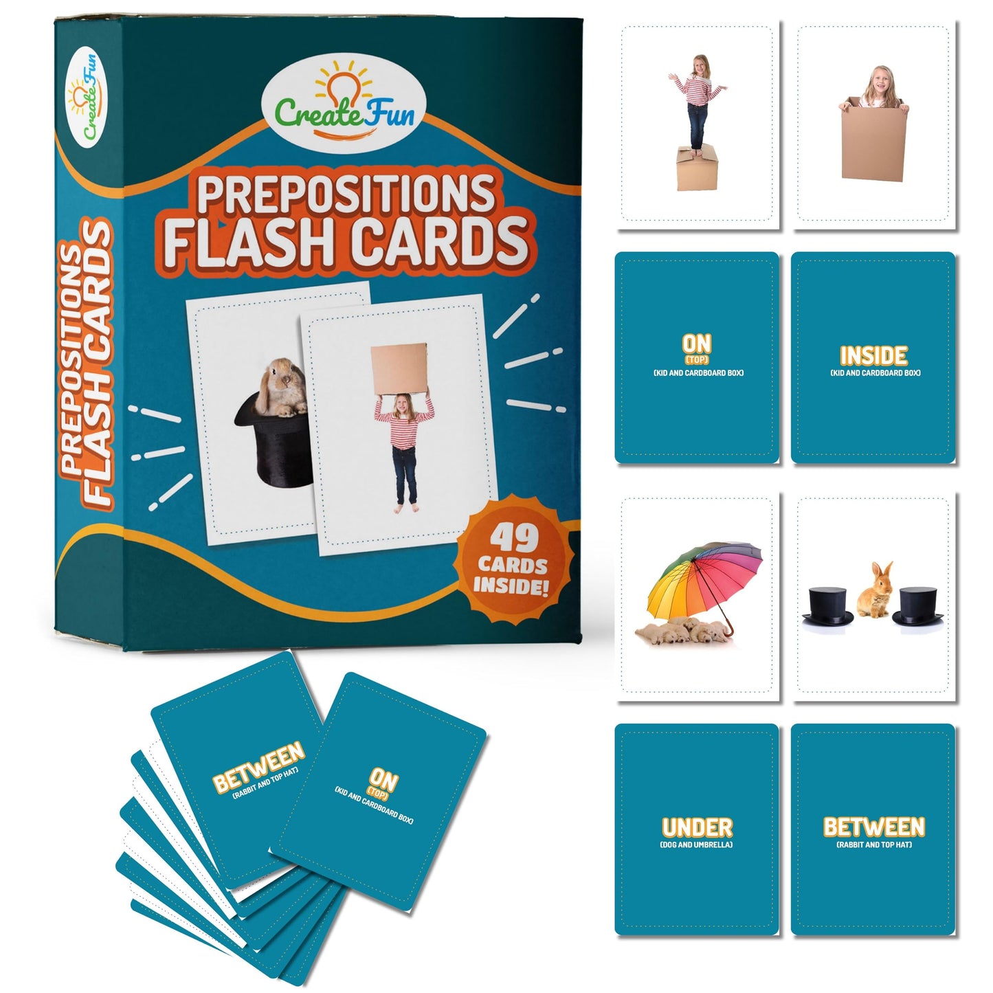 CreateFun 49 Preposition Vocabulary Builder Flash Cards Vol 1 | 7 Picture Cards + 5 Sequencing Games