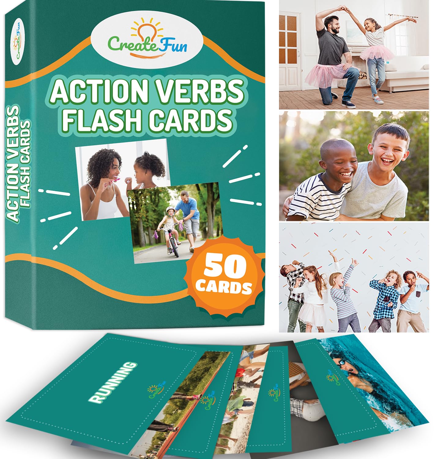 CreateFun 50 Action Verbs Flash Cards – Vocabulary Builder for Speech Therapy, ESL & Homeschooling