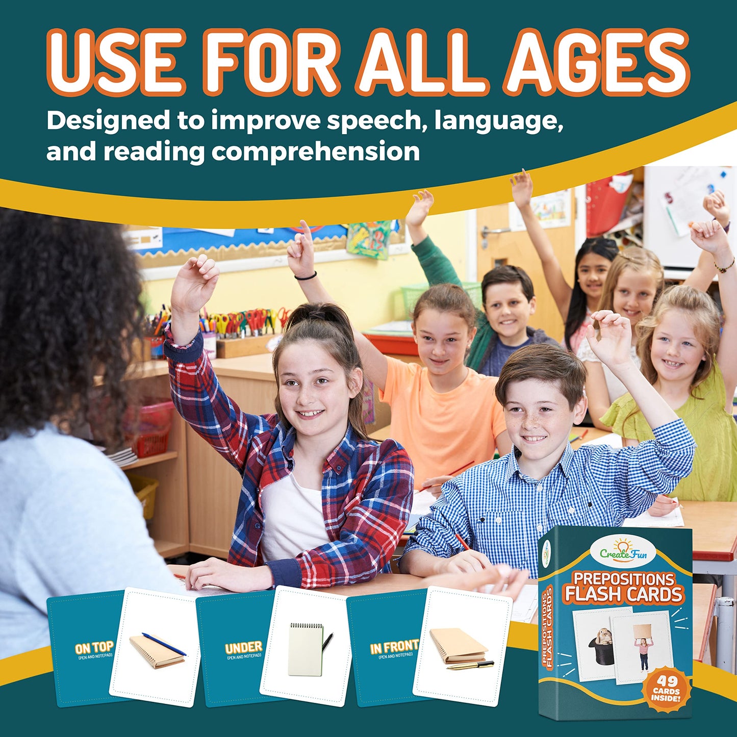 CreateFun 49 Preposition Vocabulary Builder Flash Cards Vol 1 | 7 Picture Cards + 5 Sequencing Games