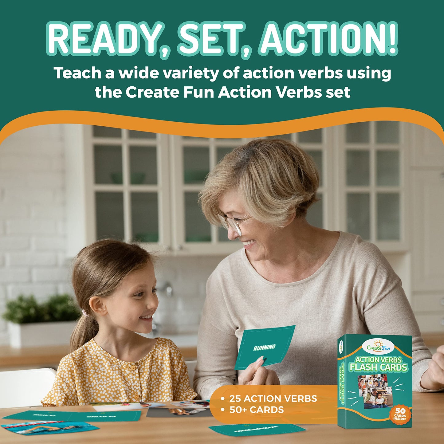 CreateFun 50 Action Verbs Flash Cards – Vocabulary Builder for Speech Therapy, ESL & Homeschooling