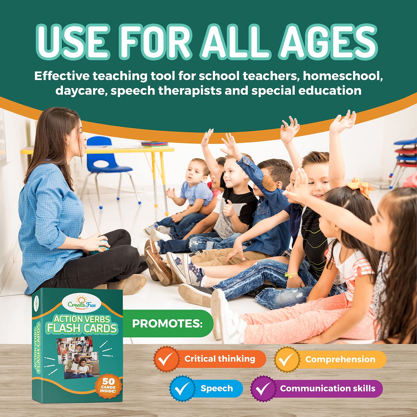 CreateFun 50 Action Verbs Flash Cards – Vocabulary Builder for Speech Therapy, ESL & Homeschooling