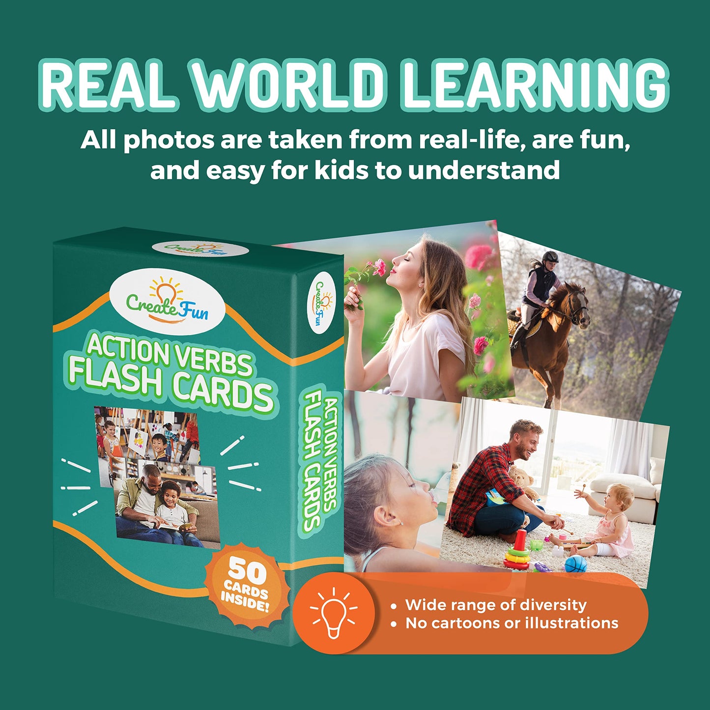 CreateFun 50 Action Verbs Flash Cards – Vocabulary Builder for Speech Therapy, ESL & Homeschooling