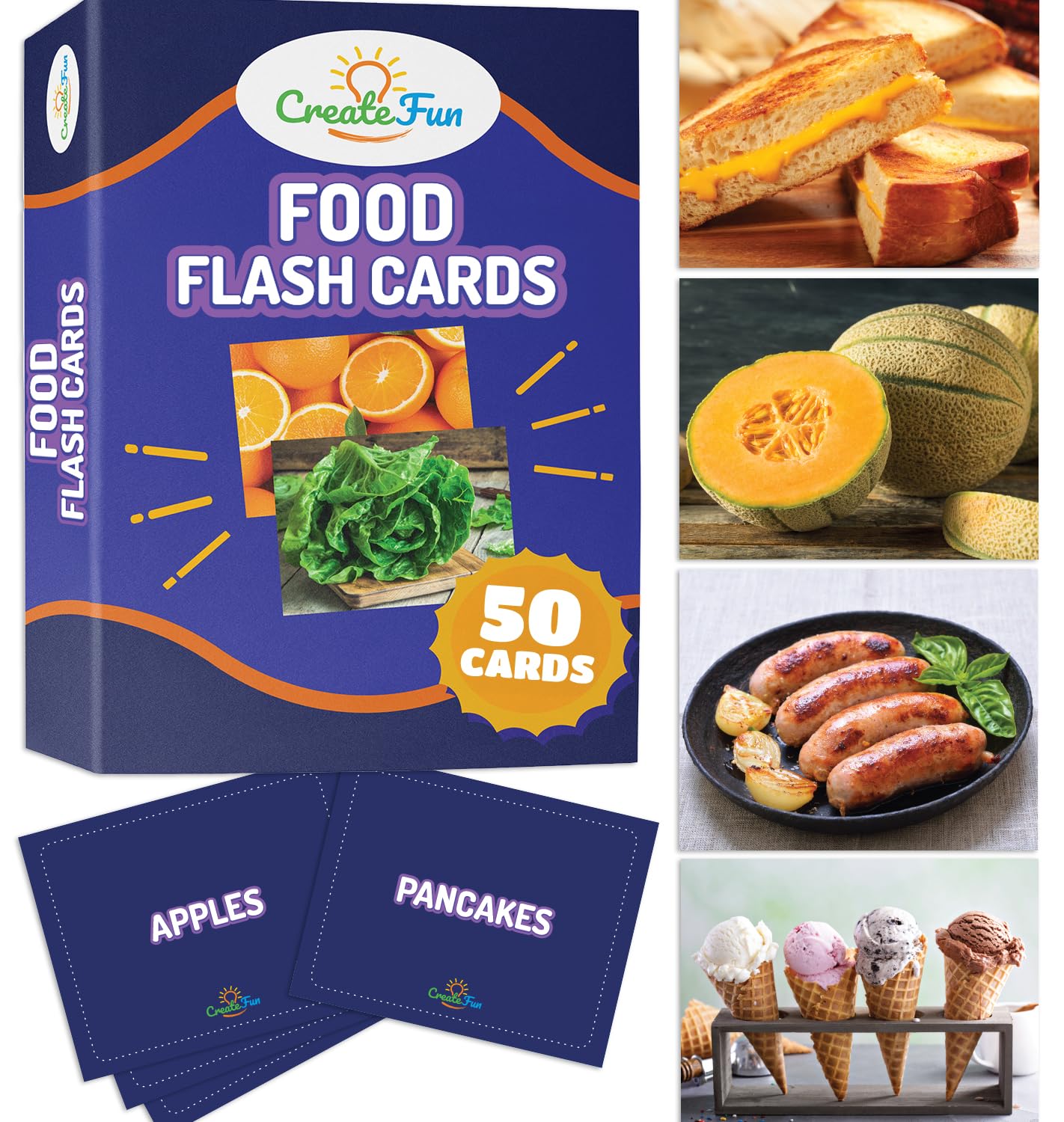 CreateFun 50 Food Double-Sided Flash Cards – Nutritious Fruits, Vegetables & Snacks