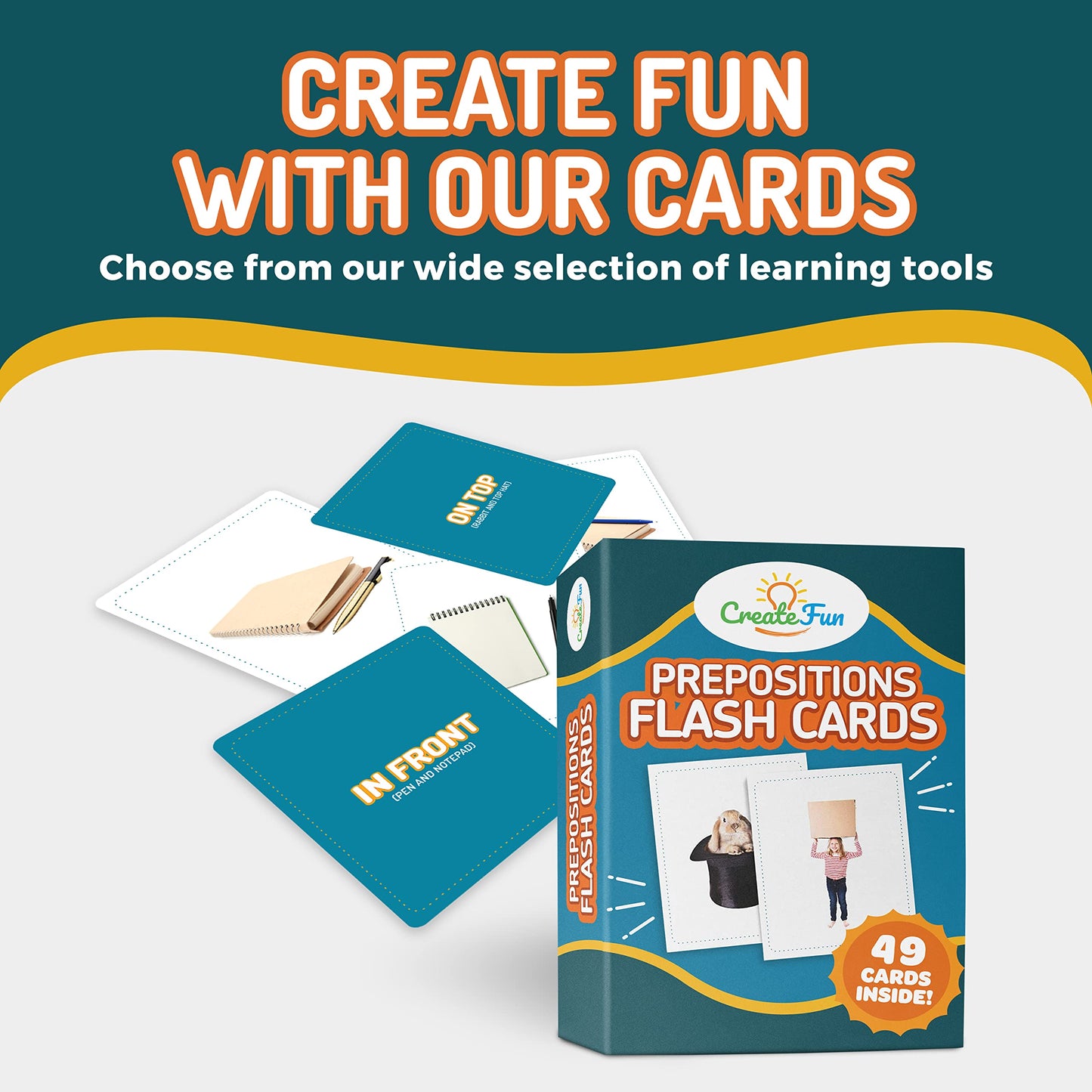 CreateFun 49 Preposition Vocabulary Builder Flash Cards Vol 1 | 7 Picture Cards + 5 Sequencing Games
