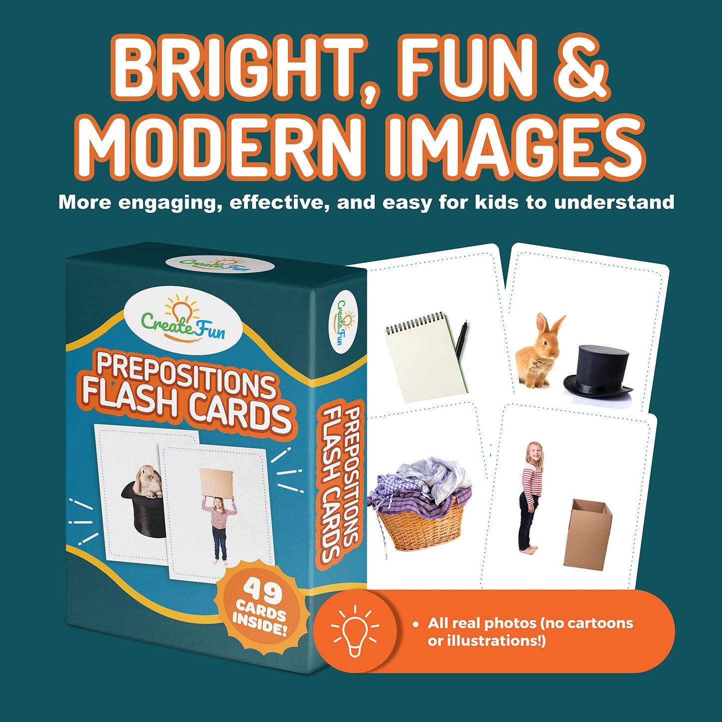 CreateFun 49 Preposition Vocabulary Builder Flash Cards Vol 1 | 7 Picture Cards + 5 Sequencing Games