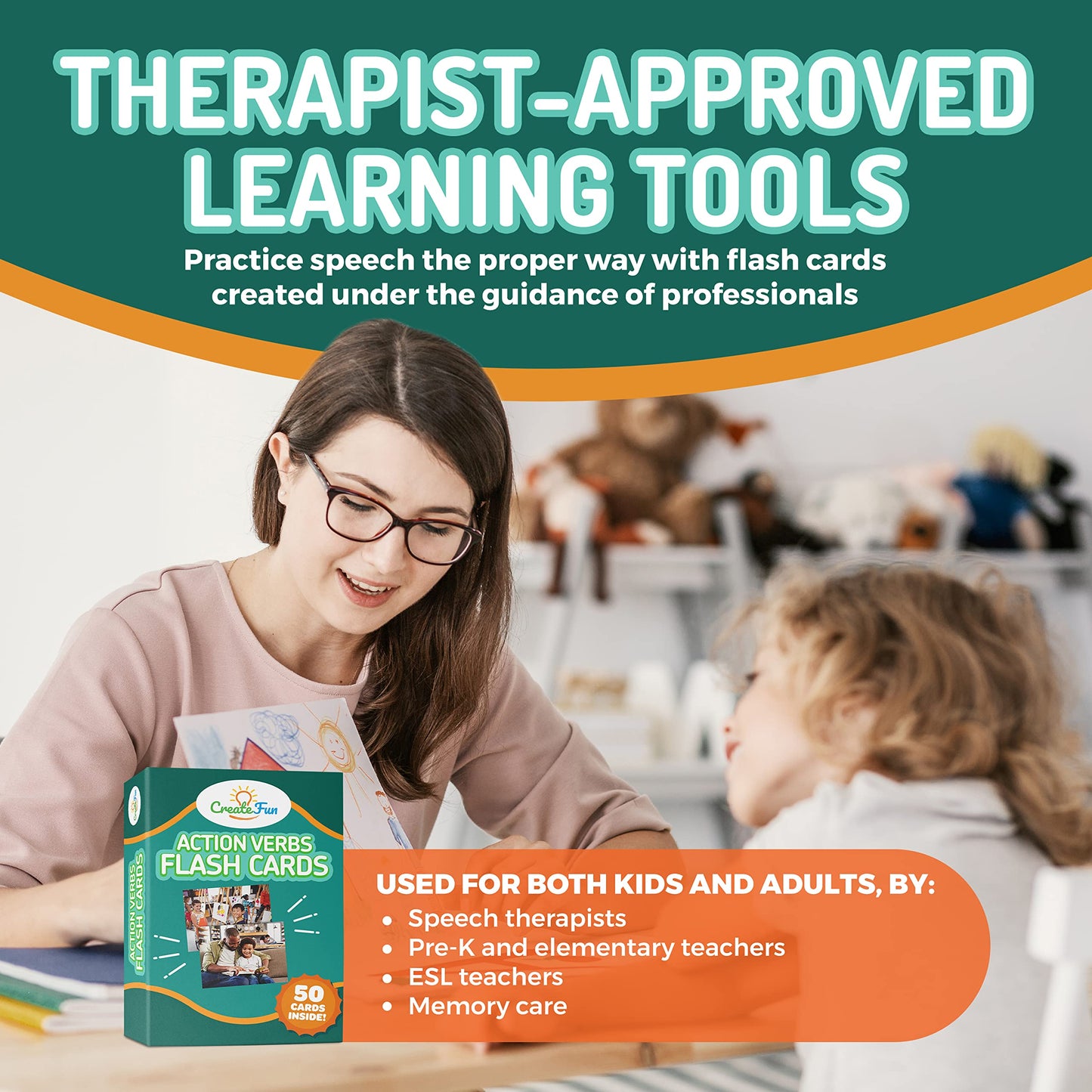 CreateFun 50 Action Verbs Flash Cards – Vocabulary Builder for Speech Therapy, ESL & Homeschooling